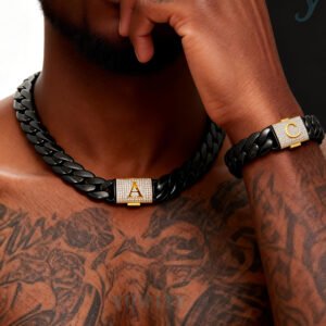 26 letters iced Miami Hip Hop Cuban Necklace Bracelet Set  black steel for 14mm