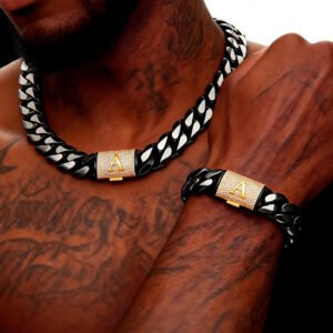 26 letters iced Miami Hip Hop Cuban link  silver black steel  Necklace Bracelet Set for 14mm