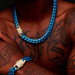 26 letters iced Miami Hip Hop Cuban link  blue steel  Necklace Bracelet Set for 14mm