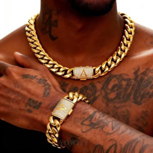 26 letters iced Miami Hip Hop Cuban Necklace Bracelet Set  18K Gold silver for 14mm