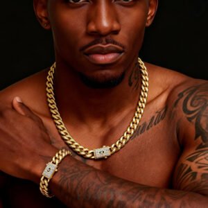 6/8/10/12/14mm Iced Clasp Cuban Chain Necklace bracelet set 14k Gold