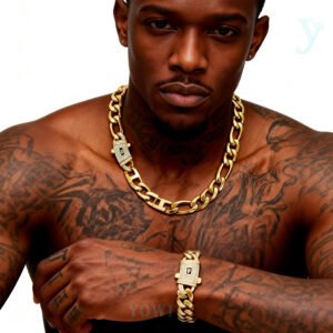 Iced Clasp Cuban Chain Necklace bracelet set 14k Gold