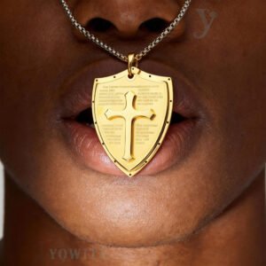 Cross Pendant for Men Anti Tarnish gold  Shield of Faith   Cross Necklace with 24 Inches Chain  Christian Holy Pendant