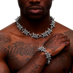 Adjustable Hip Hop Cool Spike Choker Rivet Goth Necklaces Chokers with Spikes and Chain Streetwear Vintage Punk Necklace in white gold