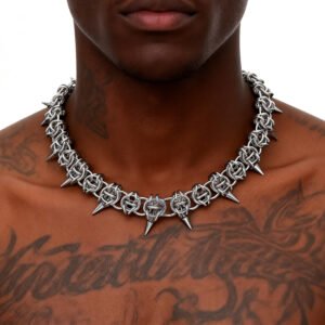 Adjustable Hip Hop Cool Spike Choker Rivet Goth Necklaces Chokers with Spikes and Chain Streetwear Vintage Punk Necklace in yellow gold