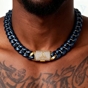 26 letters iced Miami Hip Hop Cuban link  blue steel  chain for 14mm