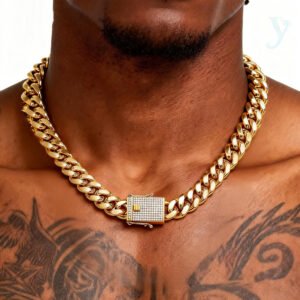 14mm  Iced Clasp Cuban Chain Necklace 18K Gold