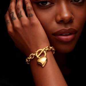 Silver 18k Gold Rose Gold Plated Charm Chunky Stainless Steel Chain Heart Toggle Choker Bracelet  for Womens Fashion Valentine Jewelry