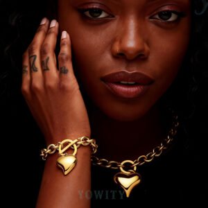 Silver 18k Gold Rose Gold Plated Charm Chunky Stainless Steel Chain Heart Toggle Choker Bracelet Necklace Set for Womens Fashion Valentine Jewelry Set