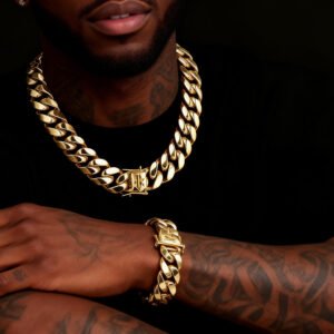 6/8/10/12/14mm Miami Cuban Link Chain  with Gold Plated Dragon Head Buckle Necklace Bracelet Set