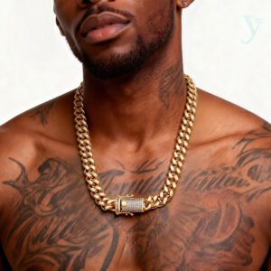 10mm  Iced Clasp Cuban Chain Necklace 18K Gold