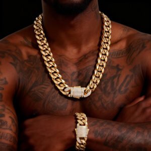 8/10/12/14mm  Iced Clasp Cuban Chain Necklace 18K Gold Necklace Bracelet Set