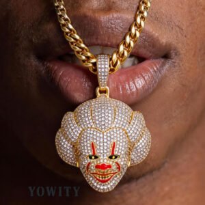 24inch for Full Iced Out Pennywise CZ Horror Clown Pendant Zirconia Joker Charm Necklace Hiphop Rapper Jewelries