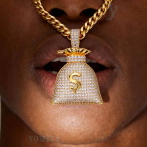24inch for Iced Out USD Purse Pendants 18K Gold Plated Bling CZ Simulated Diamond Hip Hop Necklace for Men Women