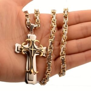 Mens Cross Pendant Necklace Stainless Steel Gold Silver