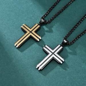 Mens Cross Pendant Necklace Stainless Steel Gold Silver