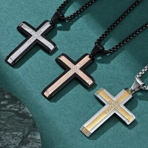 Mens Cross Pendant Necklace Stainless Steel Gold Silver rose