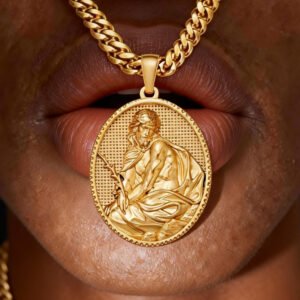 Stainless Steel Gold Black Silver Antique Thorny Rattan Jesus Oval Medal Necklace Jewelry