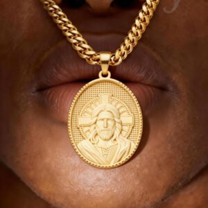 Gold Plated 3D Jesus' face Stainless steel oval pendant