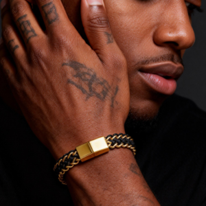 Matte Finish Gold IP Stainless Steel Foxtail Chain with Black Wax Cord Bracelet