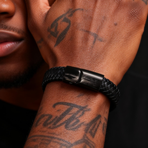 Men's black braided leather bracelet