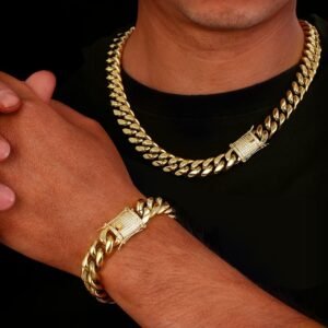 6/8/10/12/14mm Miami iced Cuban Link Chain  with Gold Plated Dragon Head Buckle Necklace Bracelet Set