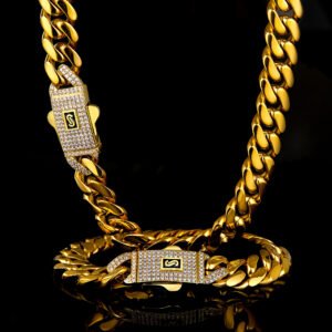 6/8/10/12/14mm Iced Clasp Cuban necklace chain Bracelet set 14K Gold
