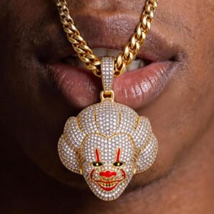 24inch for Full Iced Out Pennywise CZ Horror Clown Pendant Zirconia Joker Charm Necklace Hiphop Rapper Jewelries