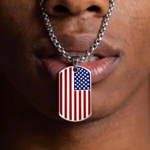 24inch for Bling Jewelry Large Engravable Red White Blue Stripe Holiday American USA Patriotic Flag Star Pendant Necklace For Men For Women Stainless Stee