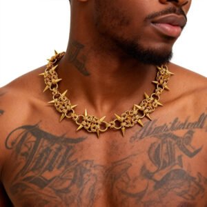 Adjustable Hip Hop Cool Spike Choker Rivet Goth Necklaces Chokers with Spikes and Chain Streetwear Vintage Punk Necklace in yellow gold